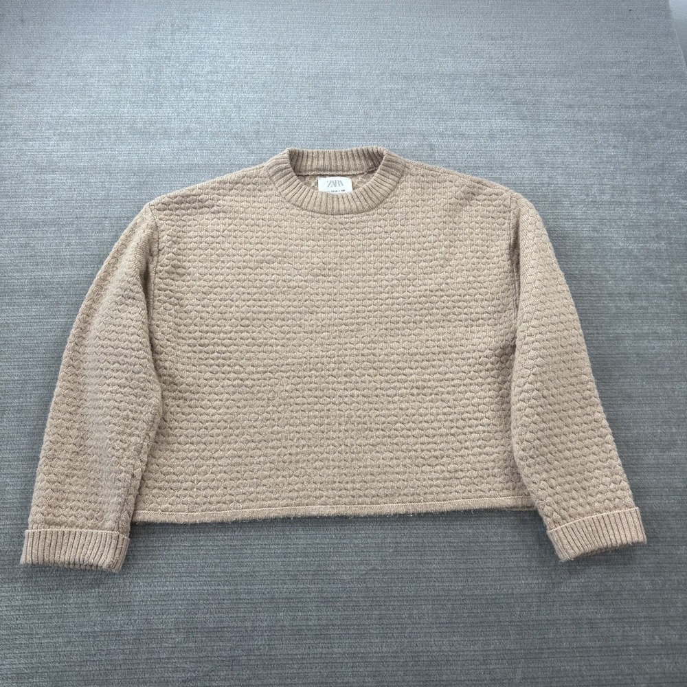 Zara Knit Sweater Womens 13-14 Beige Crewneck Casual Stretch Textured Ribbed Hem